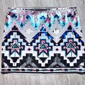 Express Sequin Aztec Mini Skirt XS Southwestern Festival Boho Bodycon